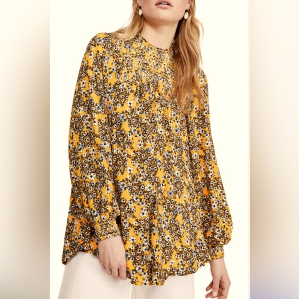 NEW Free People Flowers in Her Hair Smock Detail Tunic Top yellow combo size M